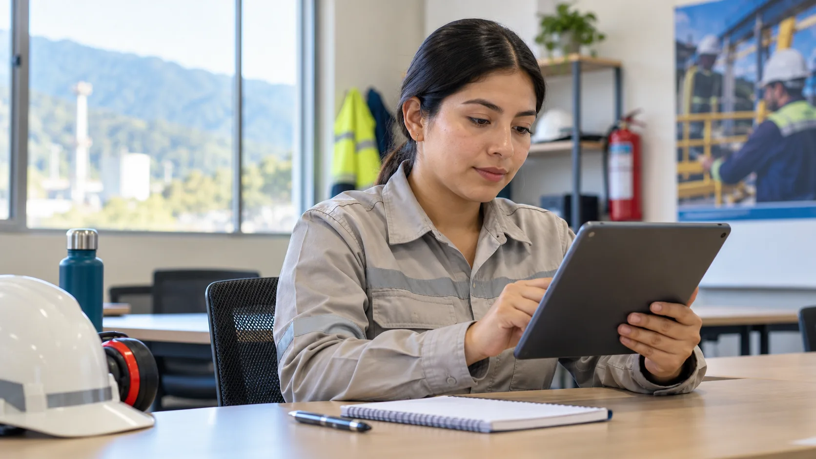 Una trabajadora avanza una lección digital en una tableta