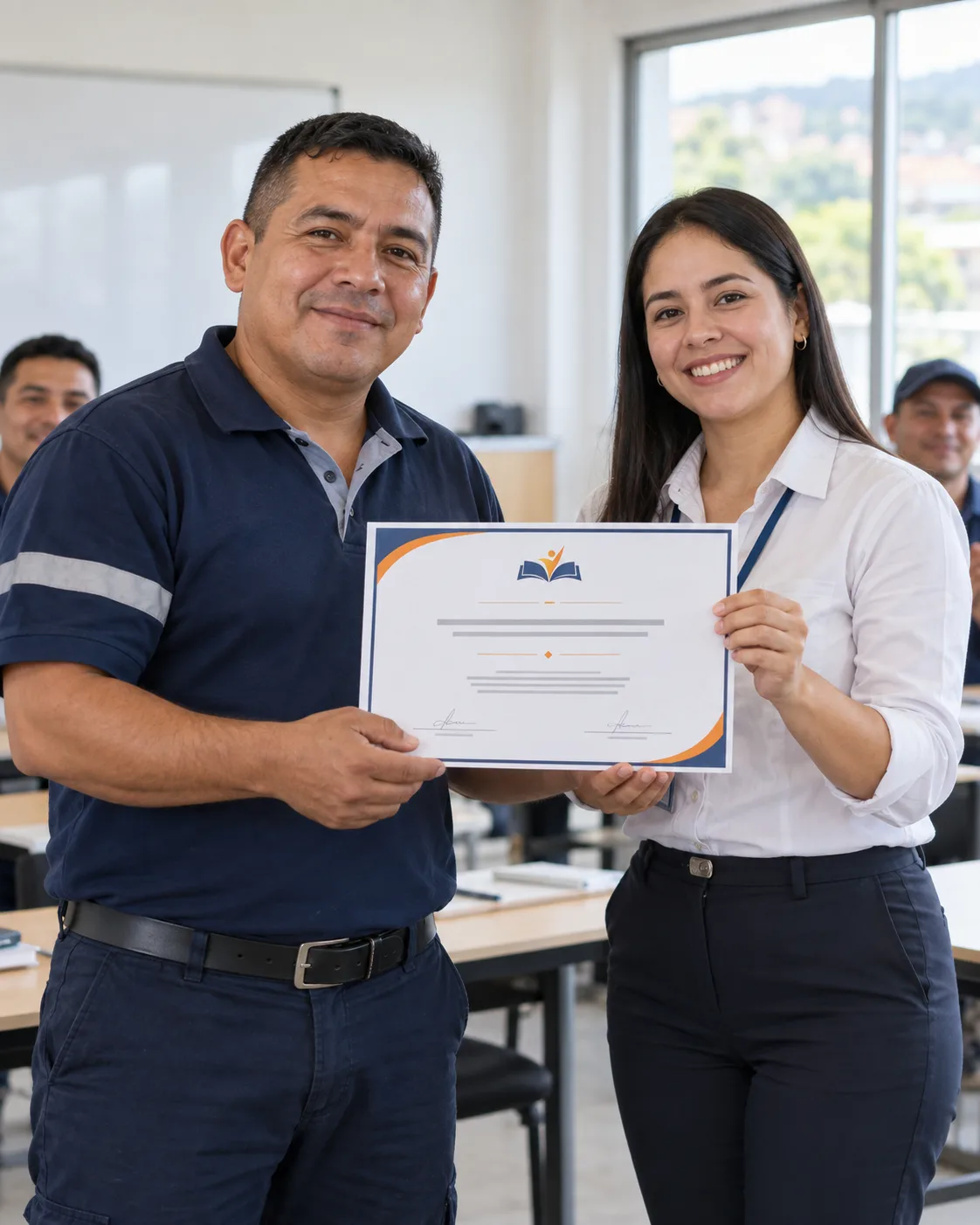 Un conductor recibe su certificado de finalización de manos de una educadora, en un aula de formación