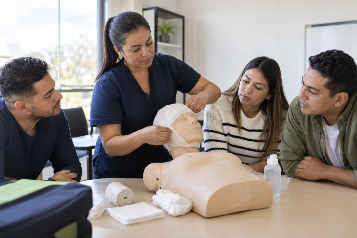 Una instructora enseña primeros auxilios con un grupo en una sesión práctica presencial
