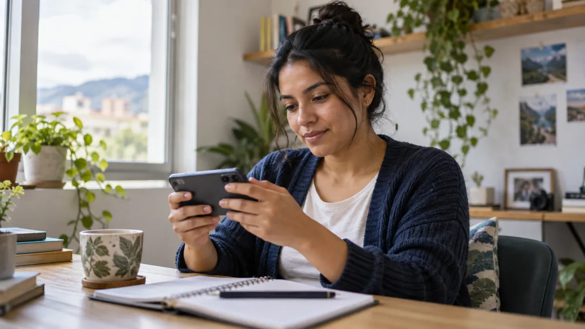 Una estudiante avanza en un curso virtual desde su celular en casa